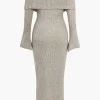 Solid Knit Bell Sleeves Off Shoulder Maxi Dress>MICAS New