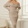 Solid Knit Bell Sleeves Off Shoulder Maxi Dress>MICAS New
