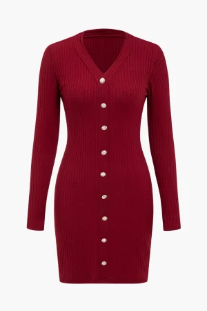Solid Knit Button Long-Sleeve Dress>MICAS New