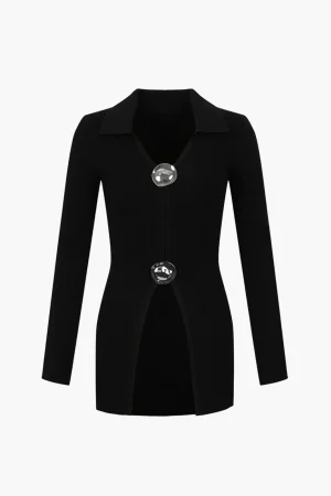 Solid Knit Button Long-Sleeve Top>MICAS Hot