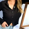 Solid Knit Button Long-Sleeve Top>MICAS Clearance
