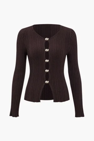 Solid Knit Button Long-Sleeve Top>MICAS Clearance