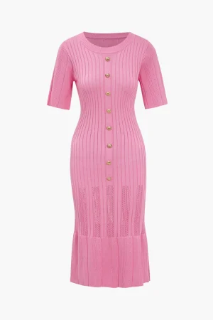 Solid Knit Button Round Neck Short Sleeve Dress>MICAS Clearance