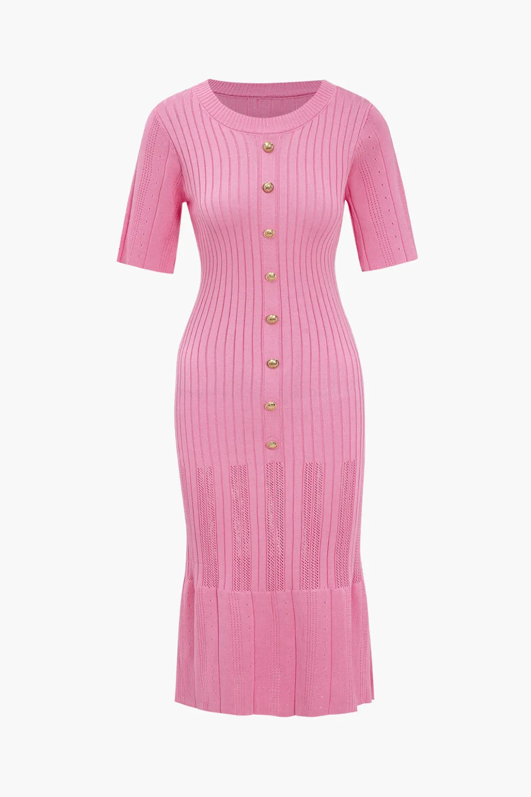 Solid Knit Button Round Neck Short Sleeve Dress>MICAS Clearance