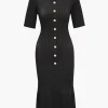 Solid Knit Button Round Neck Short Sleeve Dress>MICAS Clearance