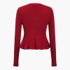 Solid Knit Button Ruffled Long-Sleeve Top>MICAS New