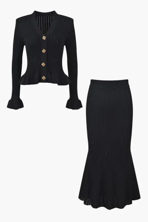 Solid Knit Button Top And Ruffle Mermaid Skirt Set>MICAS Discount