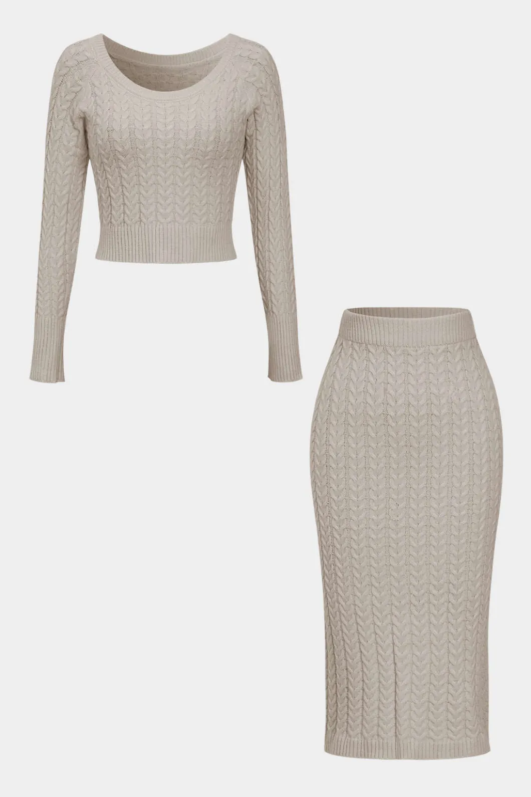 Solid Knit Long Sleeve Top And Slit Skirt Set>MICAS Online