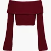 Solid Knit Metallic Off Shoulder Long-Sleeve Top>MICAS Hot