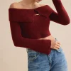 Solid Knit Metallic Off Shoulder Long-Sleeve Top>MICAS Hot
