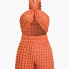 Solid Knot Cut Out Grid Texture Romper>MICAS New