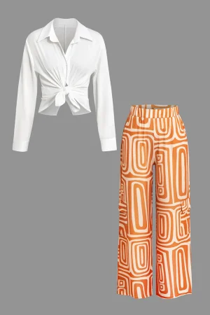 Solid Knot Shirt And Artistic Print Pants Set>MICAS Best