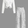 Solid Knot Shirt And Artistic Print Pants Set>MICAS Best