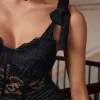 Solid Lace Slit Knotted Sheer Bustier Midi Dress>MICAS New
