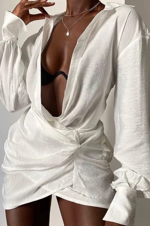 Solid Long Sleeve Deep V Mini Dress>MICAS Best