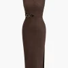 Solid Metallic Tank Cut Out Asymmetrical Midi Dress>MICAS Discount