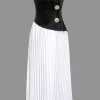 Solid Patchwork Pleated Asymmetrical Maxi Dress>MICAS New