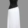 Solid Patchwork Pleated Asymmetrical Maxi Dress>MICAS New