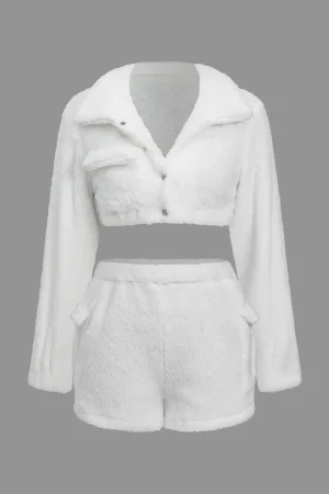 Solid Plush Button Pocket Shirt And Shorts Set>MICAS Best