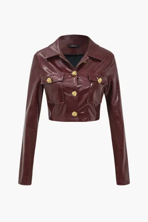 Solid PU Button And Pocket Details Jacket>MICAS Hot