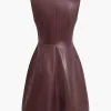 Solid PU Leather Button Mini Dress>MICAS New