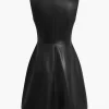 Solid PU Leather Button Mini Dress>MICAS New