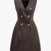 Solid PU Leather Button Mini Dress>MICAS New