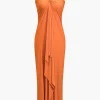 Solid Reversible Asymmetrical Tie-Up Maxi Dress>MICAS Online