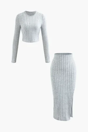 Solid Rib Knit Round Neck Long Sleeve Top And Slit Skirt Set>MICAS Clearance