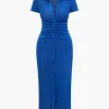 Solid Ruched Button Up Collar Midi Dress>MICAS Discount