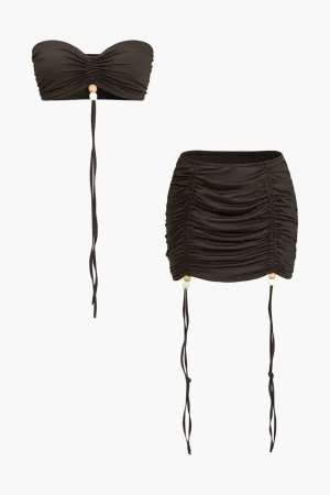 Solid Ruched Drawstring Tie-Up Skirt Set>MICAS Discount