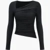 Solid Ruched Mesh Long-Sleeve Top>MICAS Sale