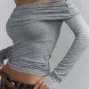 Solid Ruched Off Shoulder Long-Sleeve Top>MICAS Hot