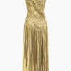 Solid Ruched Shiny Maxi Dress>MICAS Best
