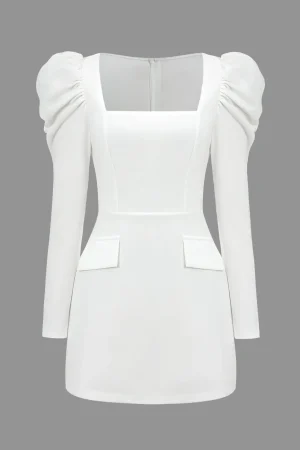 Solid Ruched Square Neck Mini Dress>MICAS New