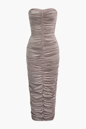 Solid Ruched Strapless Midi Dress>MICAS Clearance