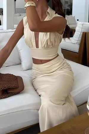 Solid Ruched V-neck Top And Skirt Set>MICAS Discount