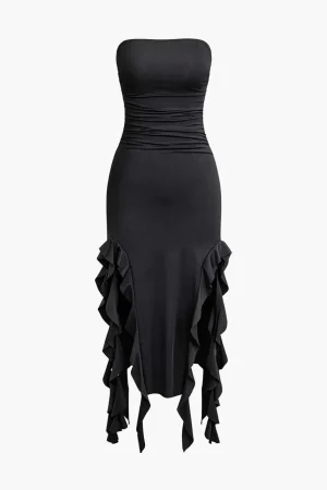 Solid Ruffle Hem Ruched Tube Maxi Dress>MICAS Fashion