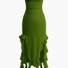 Solid Ruffle Hem Ruched Tube Maxi Dress>MICAS Fashion