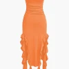 Solid Ruffle Hem Ruched Tube Maxi Dress>MICAS Fashion