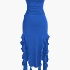 Solid Ruffle Hem Ruched Tube Maxi Dress>MICAS Fashion