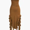 Solid Ruffle Hem Ruched Tube Maxi Dress>MICAS Fashion