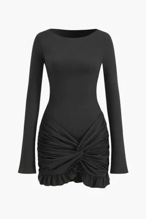 Solid Ruffle Ruched Twist Long Sleeve Mini Dress>MICAS Best