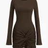 Solid Ruffle Ruched Twist Long Sleeve Mini Dress>MICAS Best