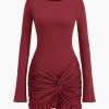 Solid Ruffle Ruched Twist Long Sleeve Mini Dress>MICAS Best