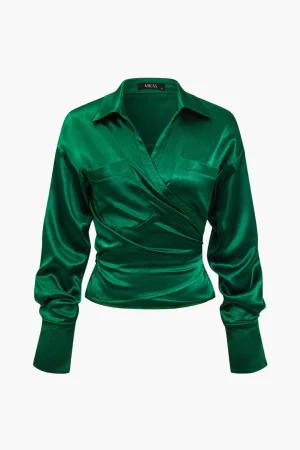 Solid Satin Button Tie-Up Long-Sleeve Shirt>MICAS Online