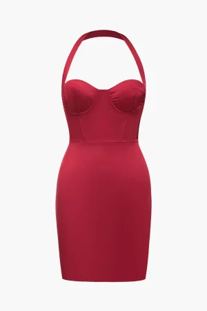 Solid Satin Halter Neck Bustier Mini Dress>MICAS New
