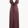 Solid Satin Lace Trim Tie-Up Maxi Dress>MICAS Online