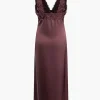 Solid Satin Lace Trim Tie-Up Maxi Dress>MICAS Online
