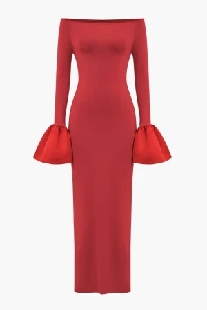 Solid Satin Off Shoulder Slit Maxi Dress>MICAS Clearance